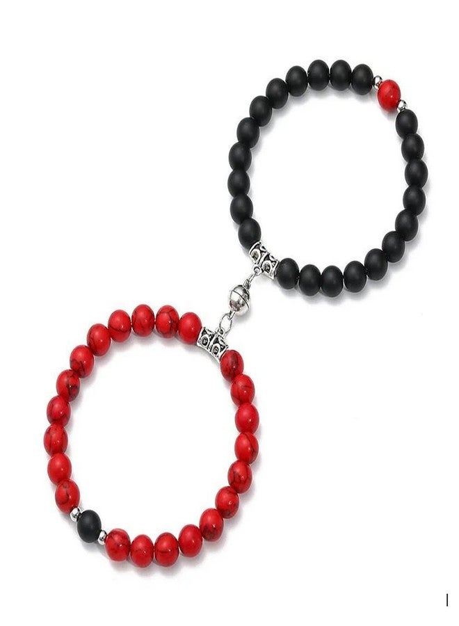 Thrillz Couple Bracelet Red & Black Natural Stone Onyx Stretchable Magnetic Bracelet For Women Men Boys Girls Love Gifts Friendship Promise Bracelets Jewellery - Image 1