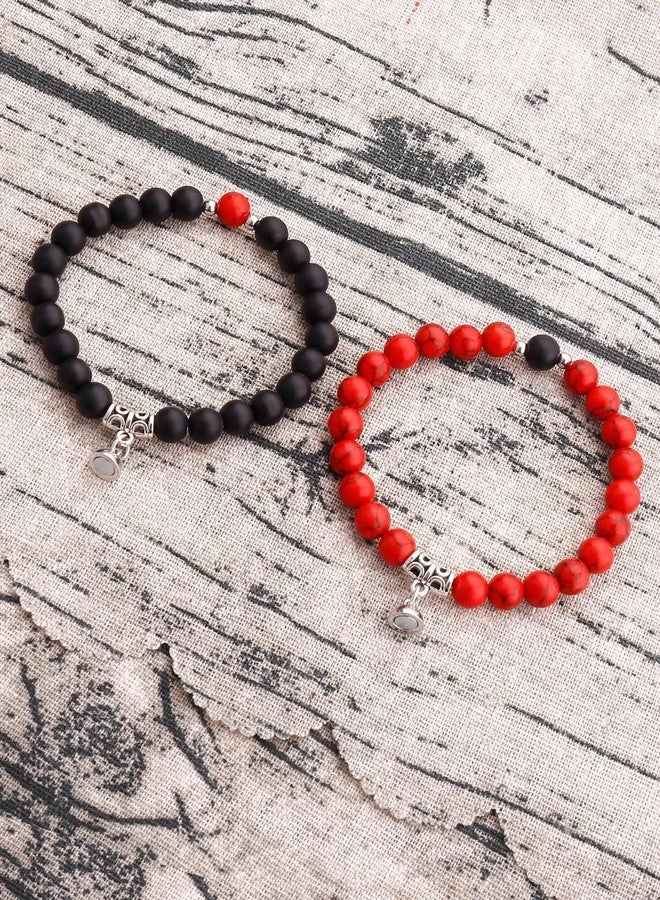 Thrillz Couple Bracelet Red & Black Natural Stone Onyx Stretchable Magnetic Bracelet For Women Men Boys Girls Love Gifts Friendship Promise Bracelets Jewellery - Image 3