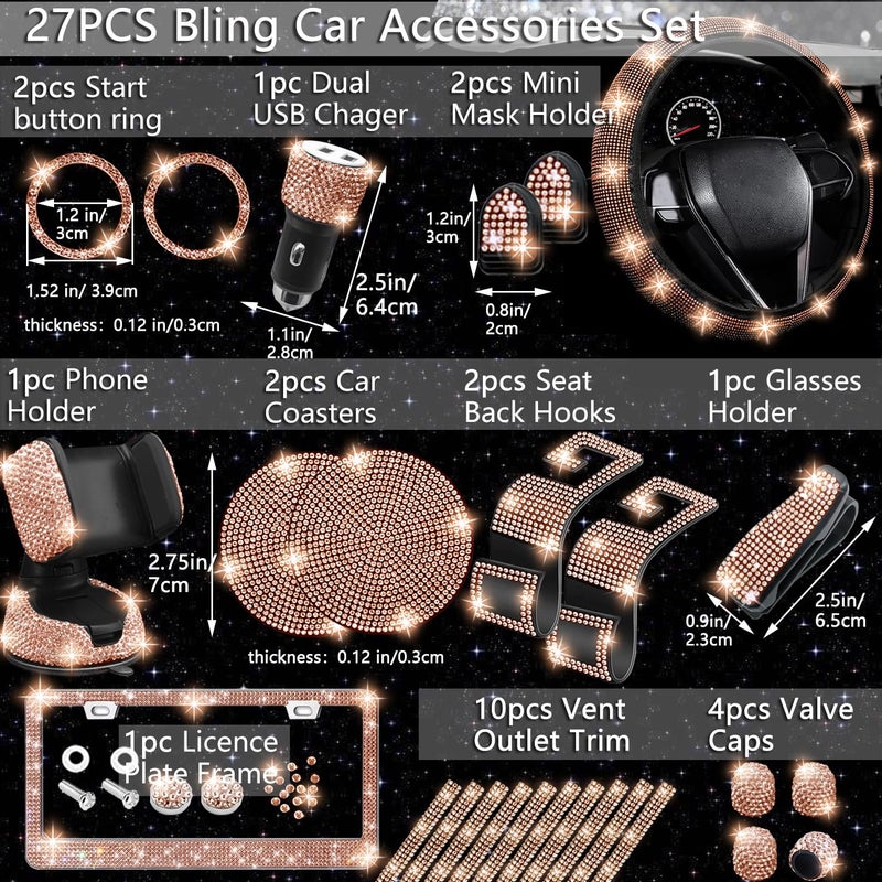 NBTEPEM 27 PCs Gold Champagne Bling Car Accessories Set for Women, Steering Wheel Covers Universal Fit 15 Inch, Bling License Plate Frame, Bling Phone Holder, Bling Car Coasters - Image 2