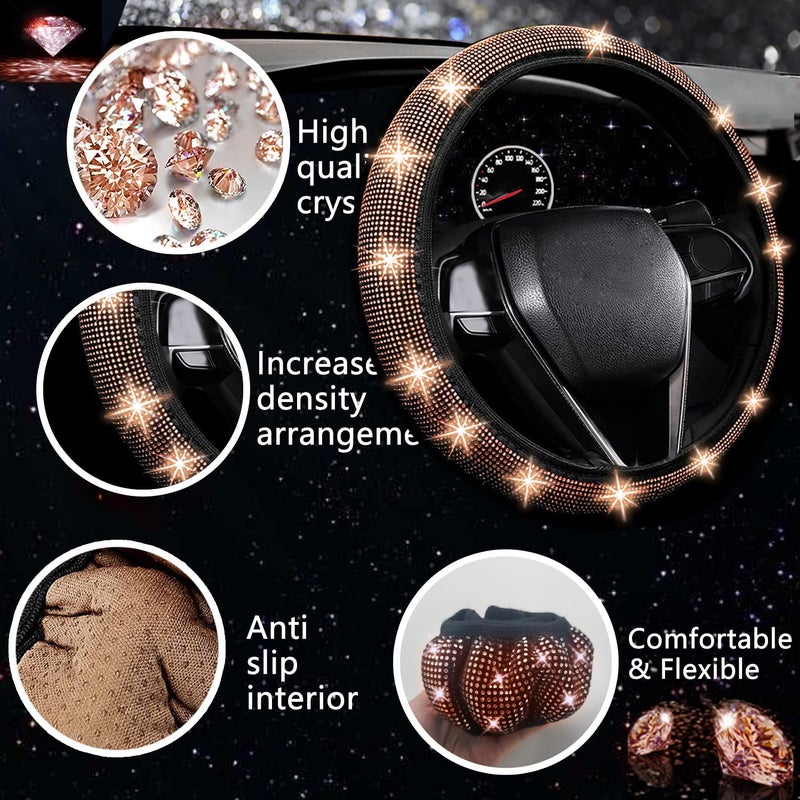 NBTEPEM 27 PCs Gold Champagne Bling Car Accessories Set for Women, Steering Wheel Covers Universal Fit 15 Inch, Bling License Plate Frame, Bling Phone Holder, Bling Car Coasters - Image 3