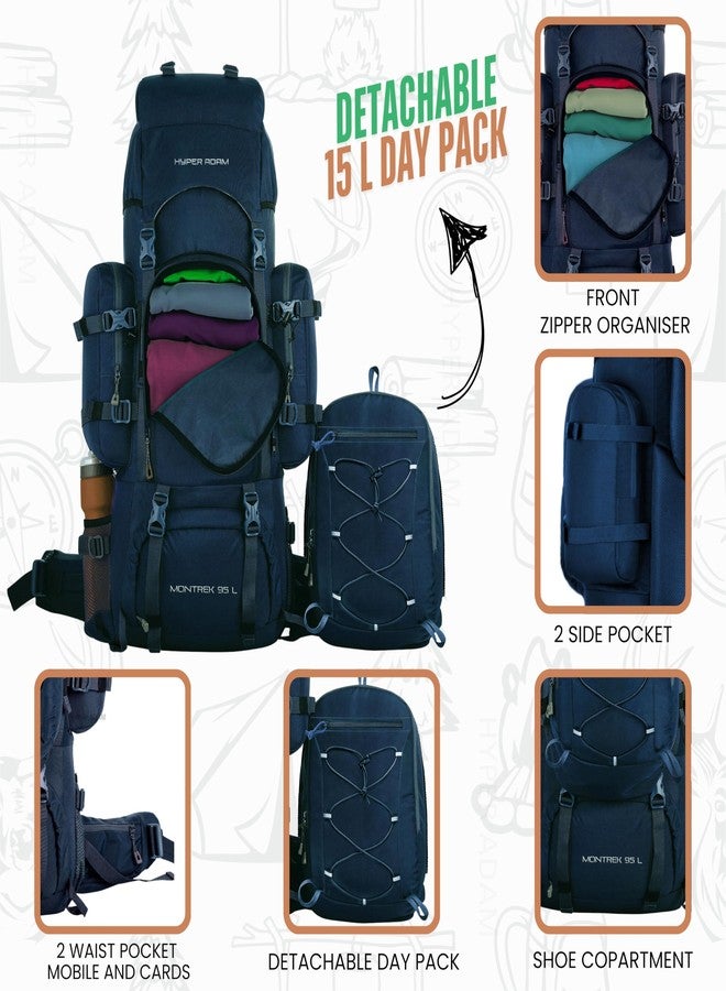 Hyper Adam 95L Rucksack with Detachable Bag & Rain Cover for Trekking & Travelling| Mountain Bags For Men & Women | Tough Back Support Hiking Backpack Military Grade Made Rucksack Bag - Image 3