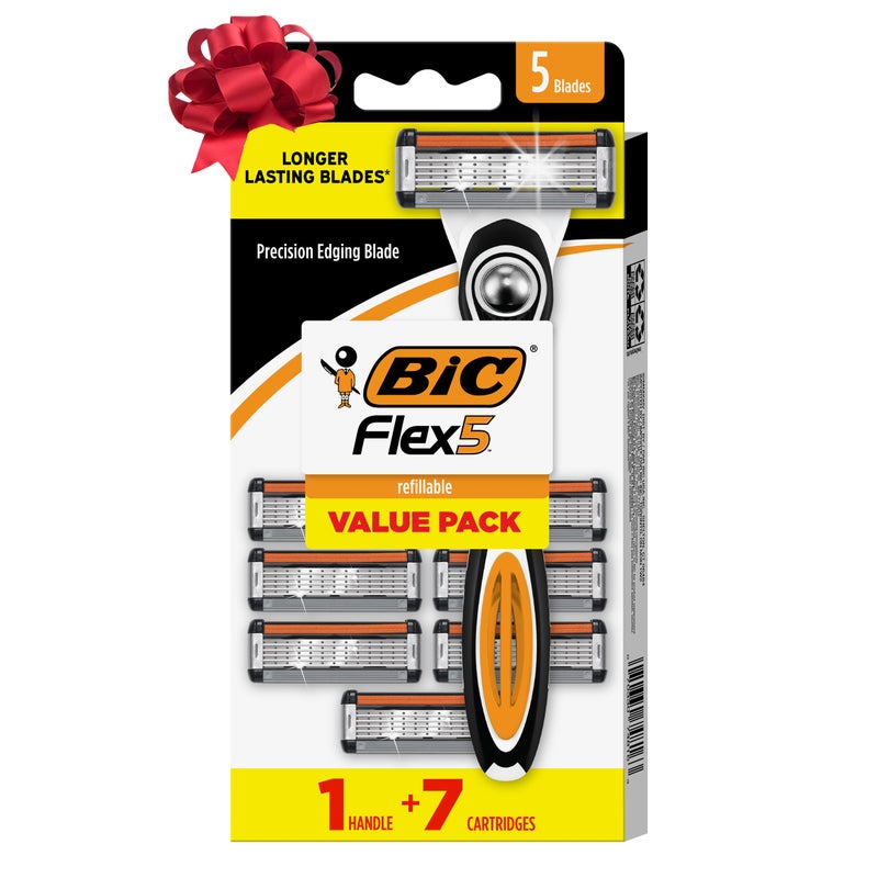 Bic ماكينة حلاقة BIC Flex 5 القابلة لإعادة التعبئة للرجال، ماكينة حلاقة تدوم طويلاً بخمس شفرات لحلاقة ناعمة ومريحة، مقبض واحد و7 خراطيش، مجموعة حلاقة مكونة من 8 قطع - Image 1