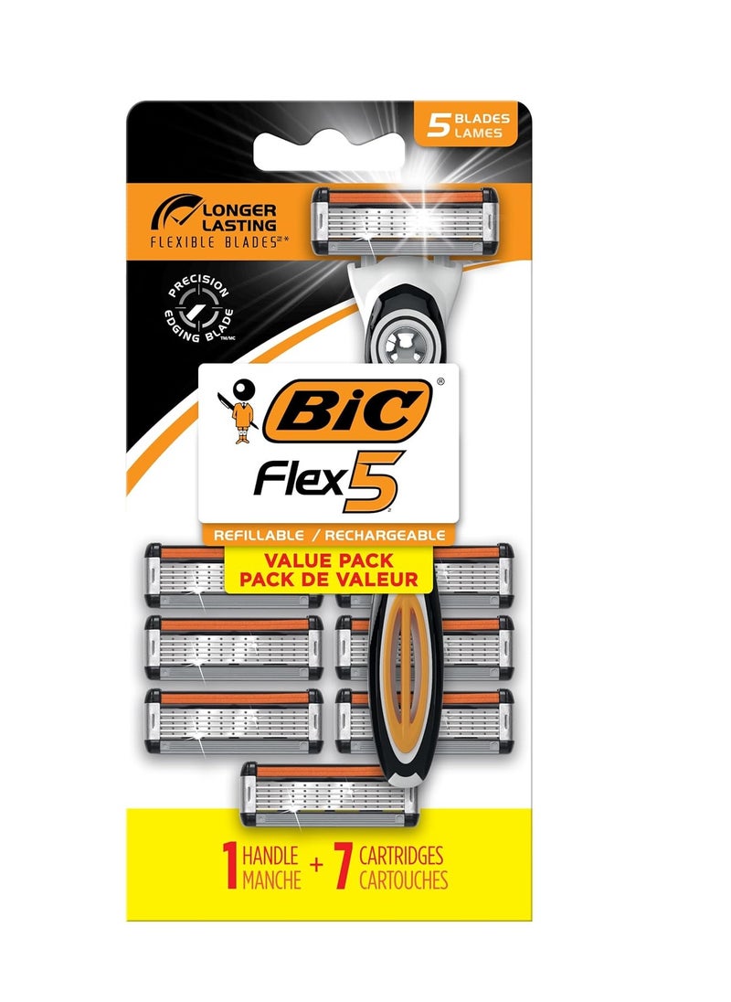 Bic - BIC Flex 5 Refillable Razors for Men, Long-Lasting 5 Blade Razors for a Smooth and Comfortable Shave, 1 Handle and 7 Cartridges, 8 Piece Shaving Kit - Image 1