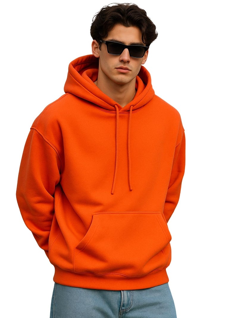 Veirdo® Polycotton Spun Oversized Fit Drop Shoulder Hooded Sweatshirt Full Sleeves Solid Jumper Hoodie for Men/Boys (OS_HDY_V_SP_TNG_XL) Orange - Image 1