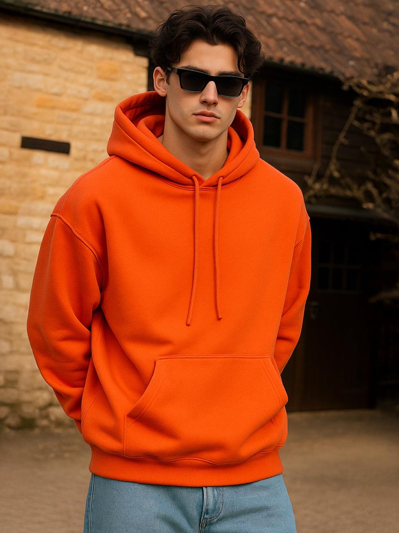 Veirdo® Polycotton Spun Oversized Fit Drop Shoulder Hooded Sweatshirt Full Sleeves Solid Jumper Hoodie for Men/Boys (OS_HDY_V_SP_TNG_XL) Orange - Image 2