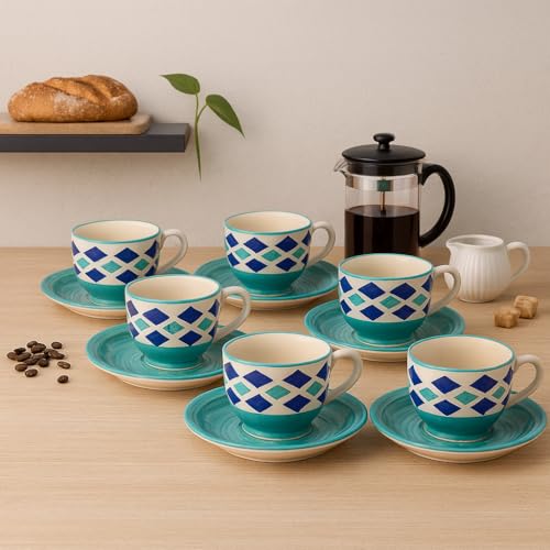 KITTENS Handmade Ceramic Tea Cup & Saucer Set of 6 – 180ml, Royal Blue, Handpainted Stoneware | Microwave & Dishwasher Safe | Indian Pottery Gift Set for Tea Lovers, Office & Home Use - Image 1