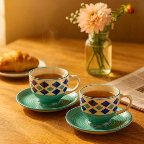 KITTENS Handmade Ceramic Tea Cup & Saucer Set of 6 – 180ml, Royal Blue, Handpainted Stoneware | Microwave & Dishwasher Safe | Indian Pottery Gift Set for Tea Lovers, Office & Home Use - Image 2