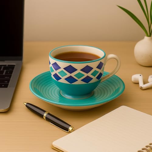 KITTENS Handmade Ceramic Tea Cup & Saucer Set of 6 – 180ml, Royal Blue, Handpainted Stoneware | Microwave & Dishwasher Safe | Indian Pottery Gift Set for Tea Lovers, Office & Home Use - Image 5