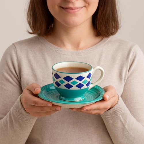 KITTENS Handmade Ceramic Tea Cup & Saucer Set of 6 – 180ml, Royal Blue, Handpainted Stoneware | Microwave & Dishwasher Safe | Indian Pottery Gift Set for Tea Lovers, Office & Home Use - Image 3