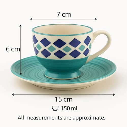 KITTENS Handmade Ceramic Tea Cup & Saucer Set of 6 – 180ml, Royal Blue, Handpainted Stoneware | Microwave & Dishwasher Safe | Indian Pottery Gift Set for Tea Lovers, Office & Home Use - Image 4