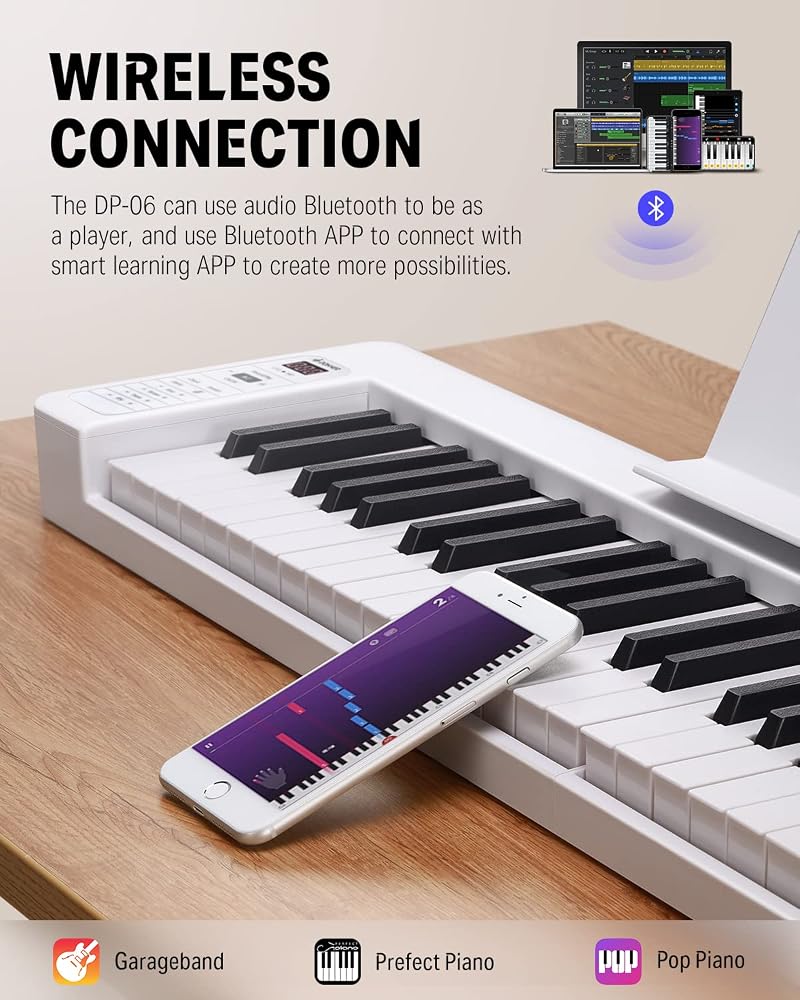 Donner Folding Piano Keyboard, 61 Keys Sensitive Electric Piano, Portable Beginner Digital Piano Foldable Keyboard with Music Rest, Piano Bag, Piano Pedal, Piano APP, DP-06 White - Image 3