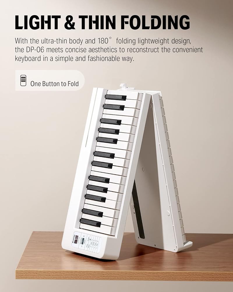 Donner Folding Piano Keyboard, 61 Keys Sensitive Electric Piano, Portable Beginner Digital Piano Foldable Keyboard with Music Rest, Piano Bag, Piano Pedal, Piano APP, DP-06 White - Image 2