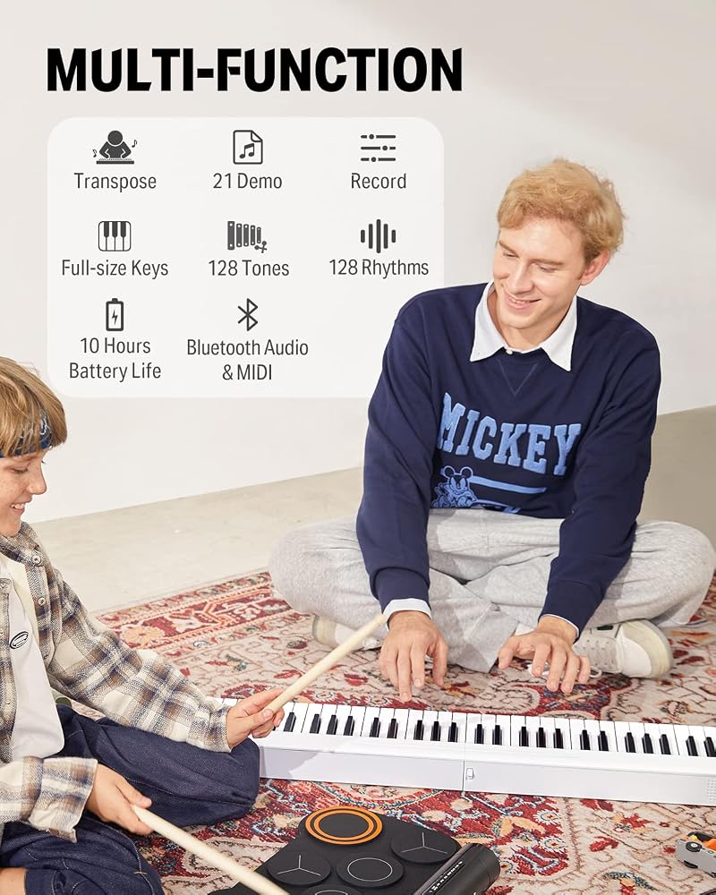 Donner Folding Piano Keyboard, 61 Keys Sensitive Electric Piano, Portable Beginner Digital Piano Foldable Keyboard with Music Rest, Piano Bag, Piano Pedal, Piano APP, DP-06 White - Image 4