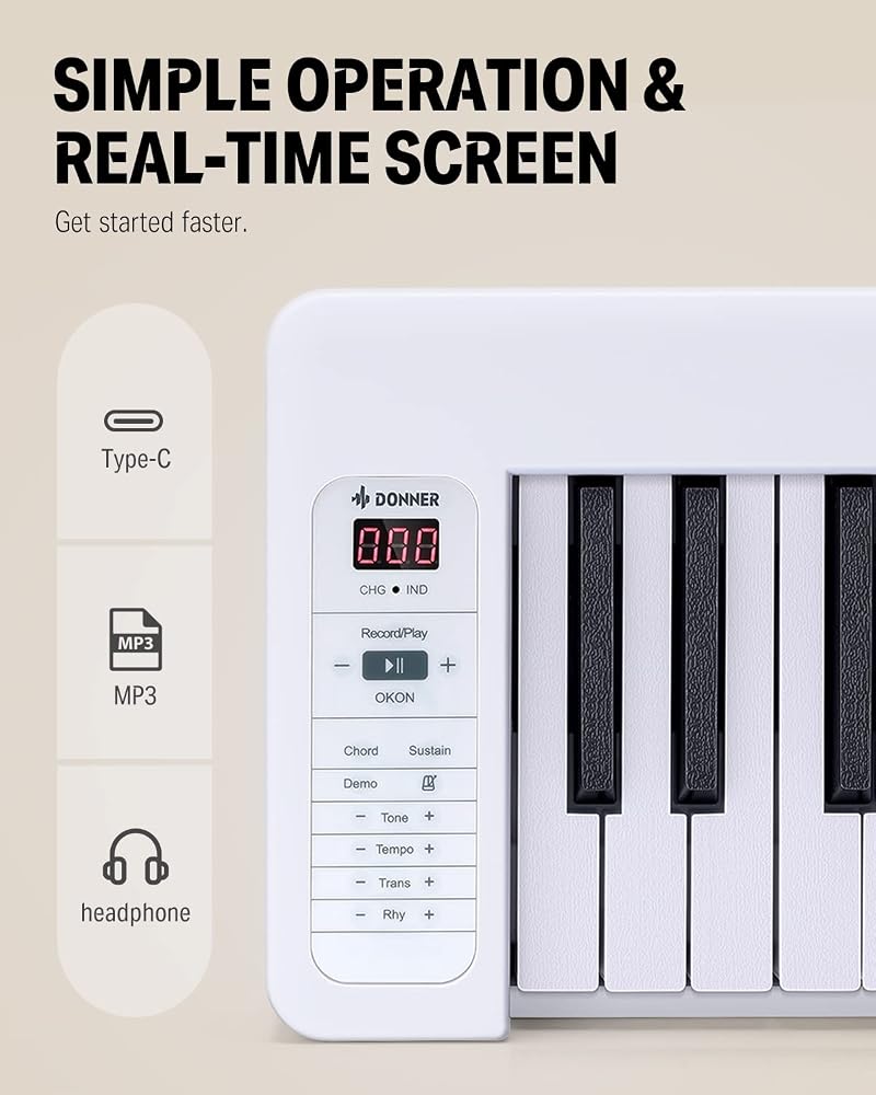 Donner Folding Piano Keyboard, 61 Keys Sensitive Electric Piano, Portable Beginner Digital Piano Foldable Keyboard with Music Rest, Piano Bag, Piano Pedal, Piano APP, DP-06 White - Image 5