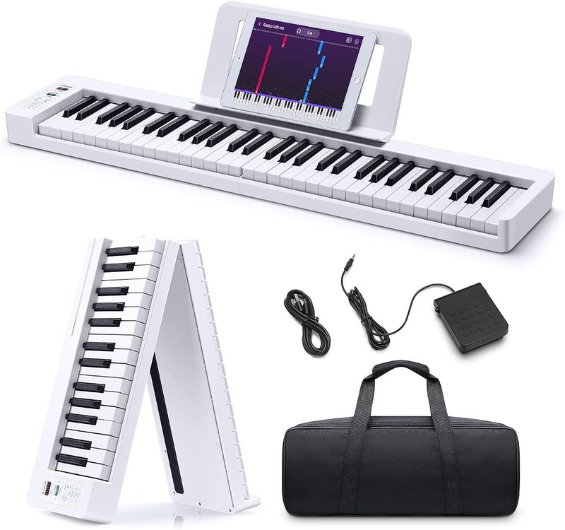 Donner Folding Piano Keyboard, 61 Keys Sensitive Electric Piano, Portable Beginner Digital Piano Foldable Keyboard with Music Rest, Piano Bag, Piano Pedal, Piano APP, DP-06 White - Image 1