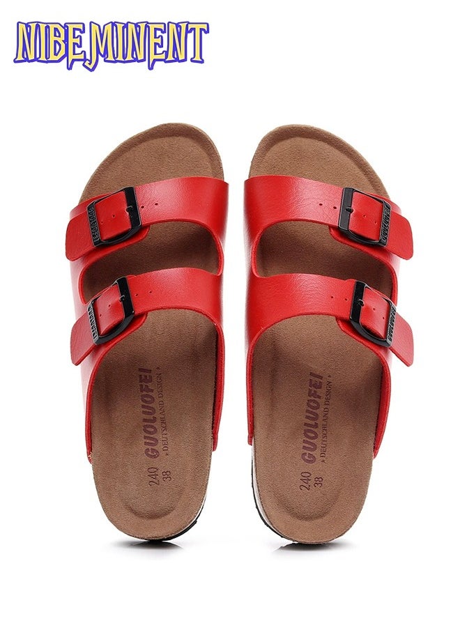 NIBEMINENT - Cork Slippers for Men and Women with Double Row Belt Buckle Sandals, Beach Shoes, Haken Shoes Red - Image 1