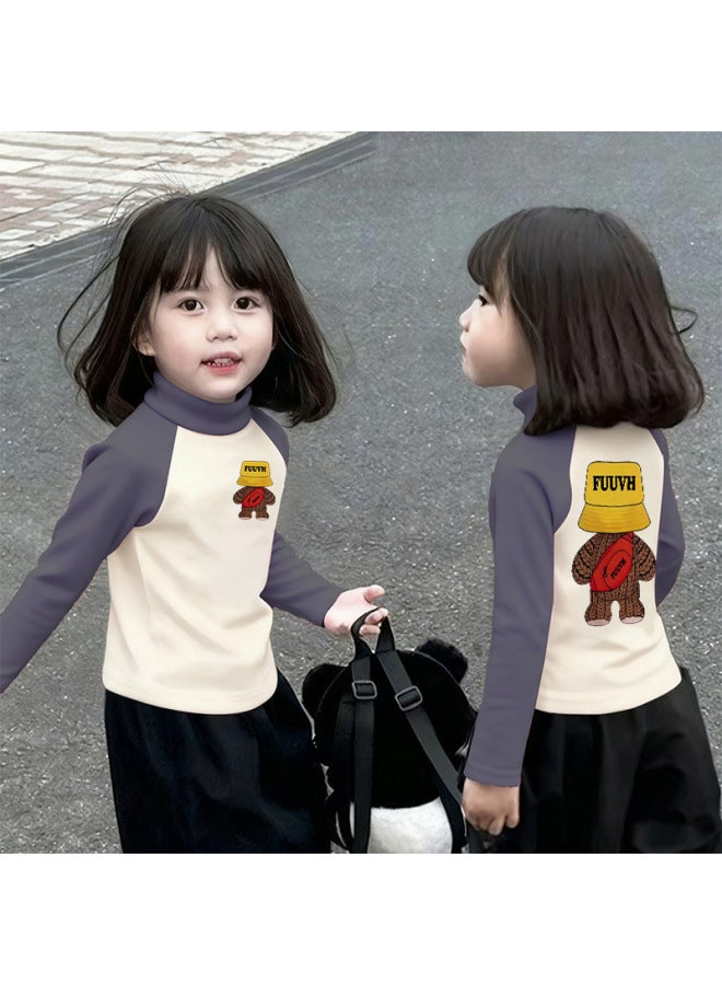 Girls' Thermal Base Layer Top Autumn And Winternew Style For Older Children, Half Turtleneck, Warm Inner Layer, Color-blocking Long Sleeves