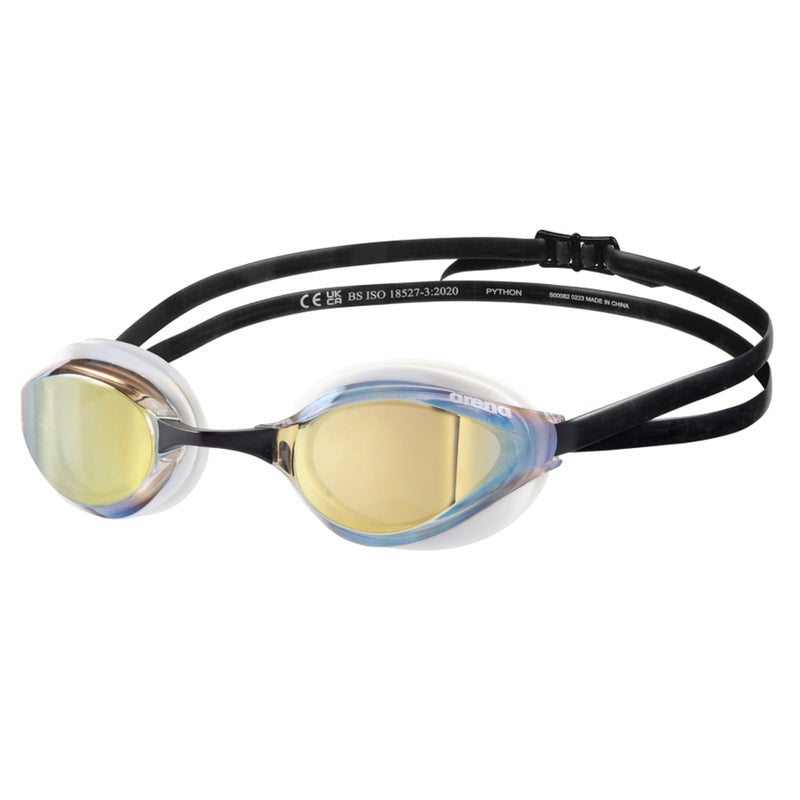 ARENA Unisex Adults Python Racing Swim Goggles for Men and Women Anti-Fog Mirror Lens Max Comfort Dual Strap, Gold/White/Black - Image 1