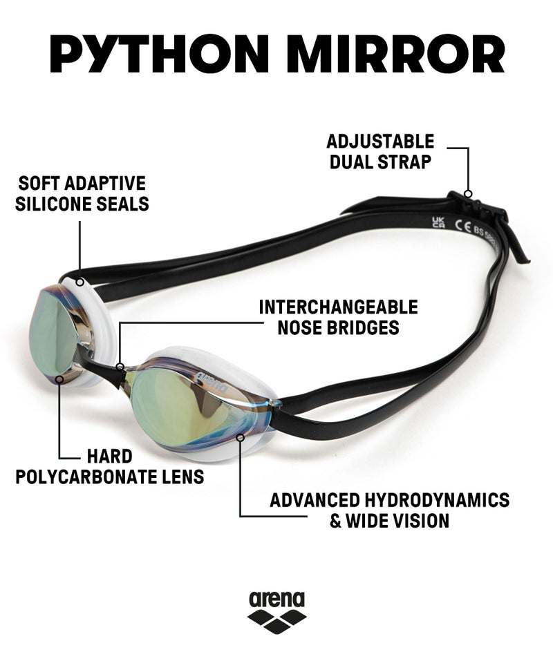 ARENA Unisex Adults Python Racing Swim Goggles for Men and Women Anti-Fog Mirror Lens Max Comfort Dual Strap, Gold/White/Black - Image 3