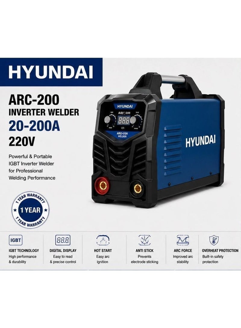 هيونداي ماكينة لحام انفرتر هيونداي HY-ARC200 بقوة 200 أمبير IGBT جهاز لحام قوس كهربائي MMA محمول 220 فولت لحام المعادن والورش وأعمال الصيانة - Image 2