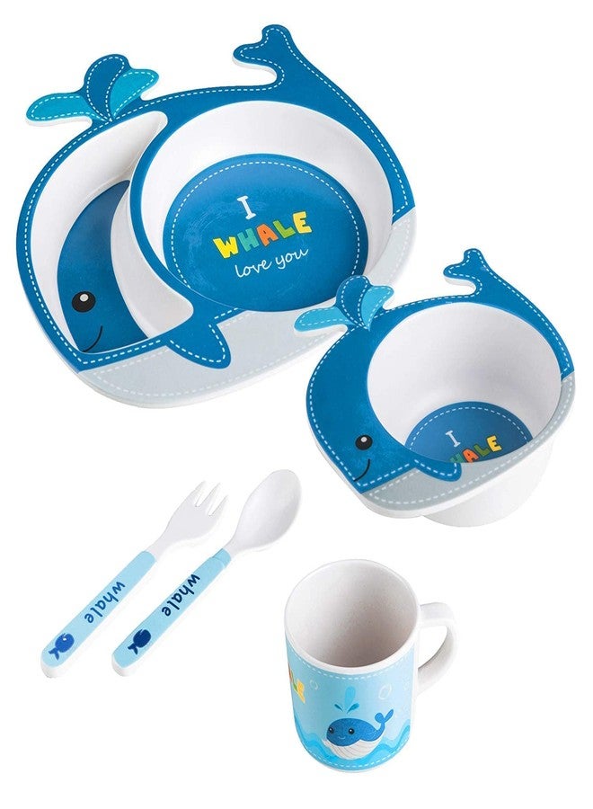 TORIOX طقم عشاء للأطفال من ألياف الخيزران من توريوكس، 5 قطع، صديق للبيئة، يتضمن طبقًا، وعاءً، ملعقة، شوكة، وكوبًا، طقم أدوات مائدة للأطفال الصغار (متعدد الألوان) (حوت) - Image 1