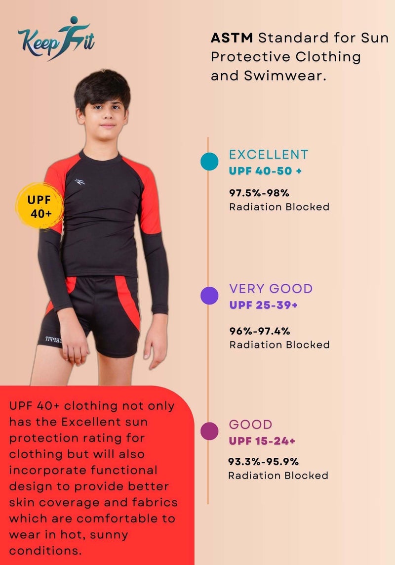 Keepfit UPF 40+ Sun Protection & N9 Antibacterial Full Sleeves 2 Pc Swimwear for Boys | Quick Dry Summer Swimming Costume Red - Image 5