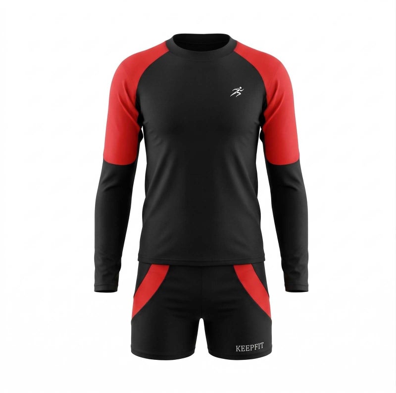 Keepfit UPF 40+ Sun Protection & N9 Antibacterial Full Sleeves 2 Pc Swimwear for Boys | Quick Dry Summer Swimming Costume Red - Image 1