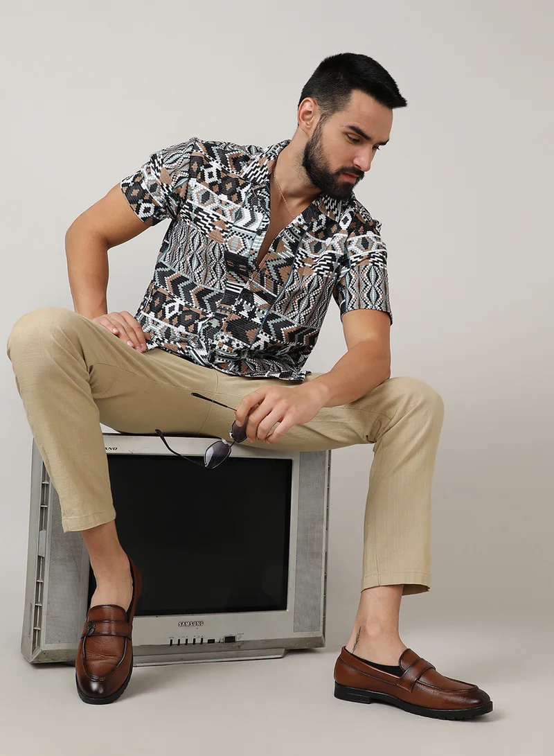 Campus Sutra Men's Mocha Brown & Sage Green Bohemian Shirt