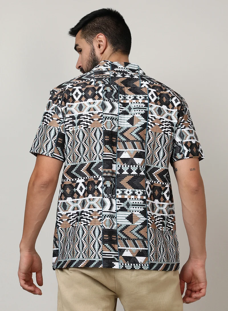Campus Sutra Men's Mocha Brown & Sage Green Bohemian Shirt