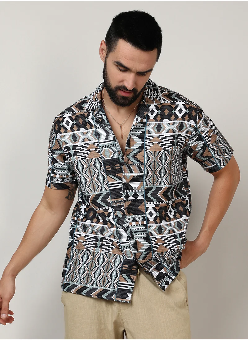 كامبوس سوترا Men's Mocha Brown & Sage Green Bohemian Shirt