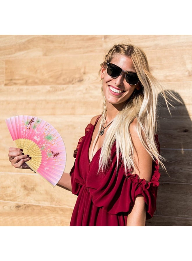 Folding Fan Handheld Folding Fan for Women, Hand Fans Bamboo Fans with Tassel Chinese Fan Silk Fabric and Bamboo Ribs Hand Folding Fan for Wall Decoration Wedding Birthday Gifts Pink - Image 3