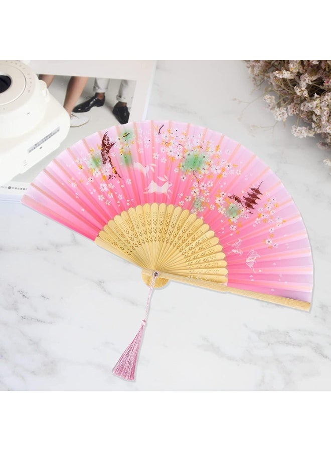 Folding Fan Handheld Folding Fan for Women, Hand Fans Bamboo Fans with Tassel Chinese Fan Silk Fabric and Bamboo Ribs Hand Folding Fan for Wall Decoration Wedding Birthday Gifts Pink - Image 5