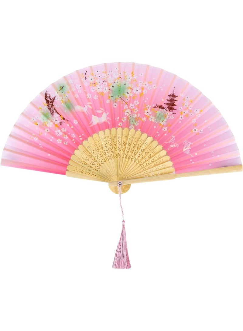 Folding Fan Handheld Folding Fan for Women, Hand Fans Bamboo Fans with Tassel Chinese Fan Silk Fabric and Bamboo Ribs Hand Folding Fan for Wall Decoration Wedding Birthday Gifts Pink - Image 1