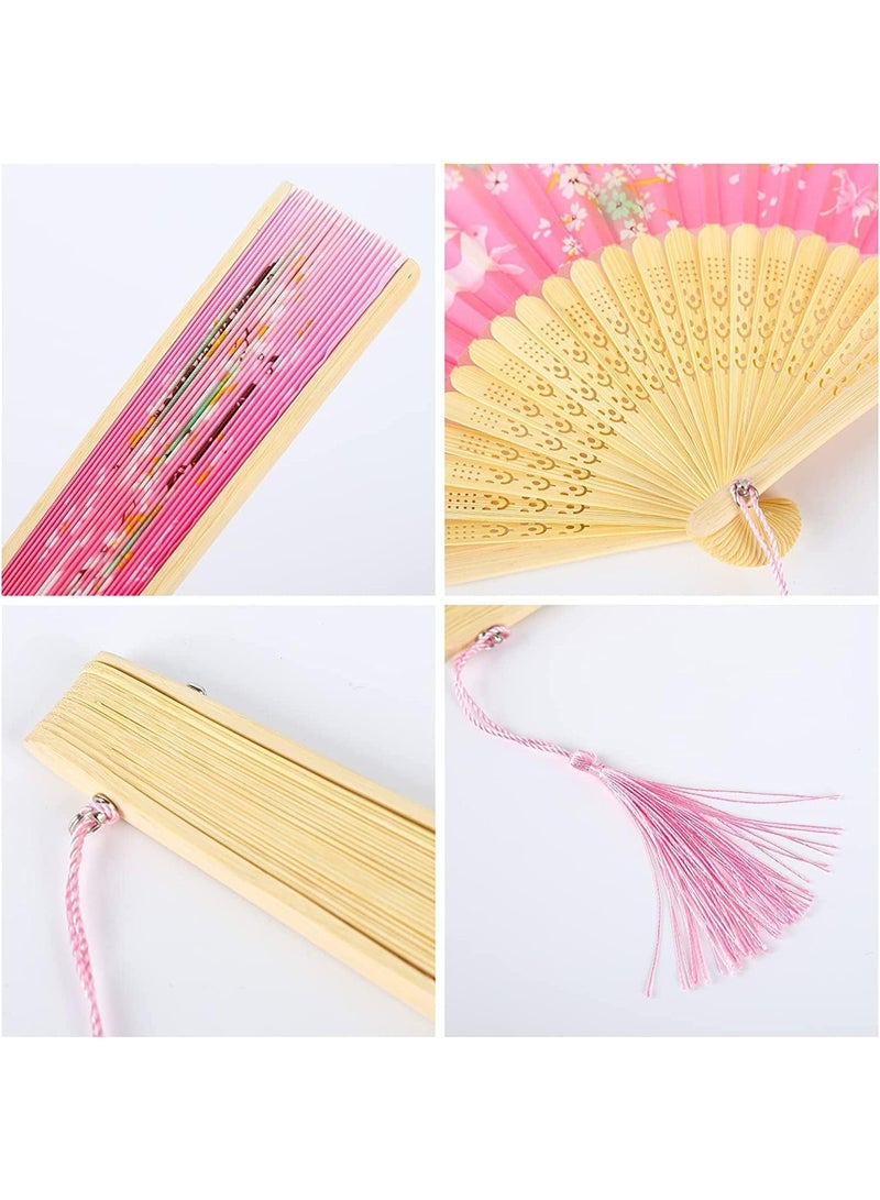 Folding Fan Handheld Folding Fan for Women, Hand Fans Bamboo Fans with Tassel Chinese Fan Silk Fabric and Bamboo Ribs Hand Folding Fan for Wall Decoration Wedding Birthday Gifts Pink - Image 4