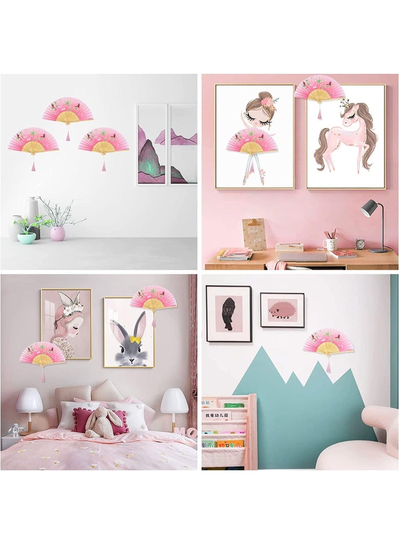 Folding Fan Handheld Folding Fan for Women, Hand Fans Bamboo Fans with Tassel Chinese Fan Silk Fabric and Bamboo Ribs Hand Folding Fan for Wall Decoration Wedding Birthday Gifts Pink - Image 2