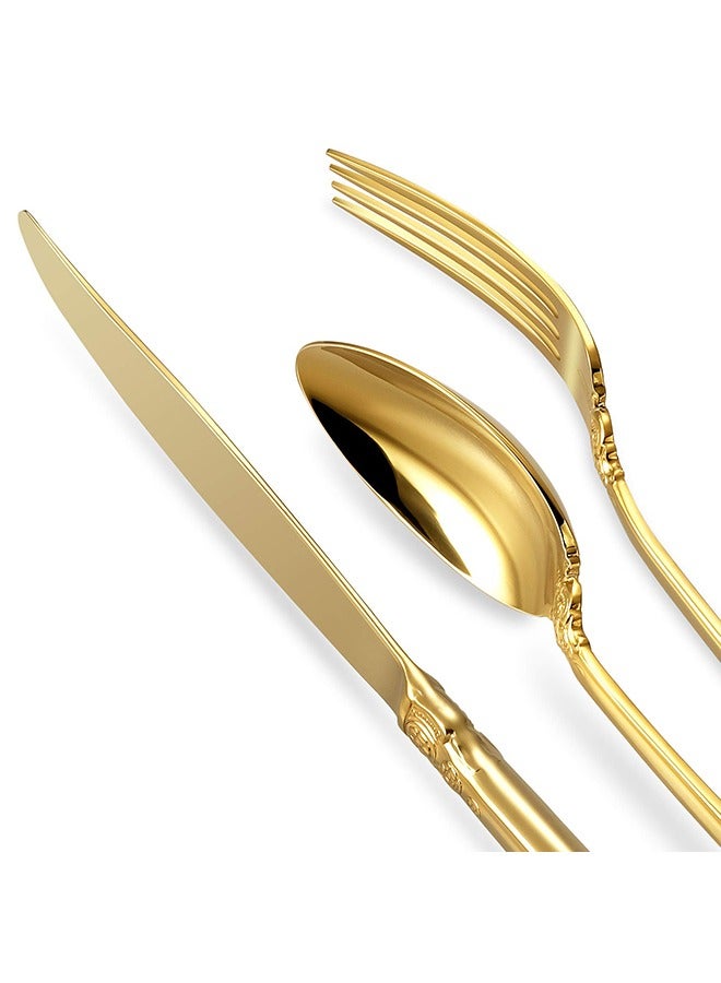 MITOYO Gorgeous Gold Flatware Sets, 20 Piece Stainless Steel Silverware Set, Tableware Retro Gold Cutlery Set Service for 4, Antique Luxury Baroque Style - Gold  - Image 5