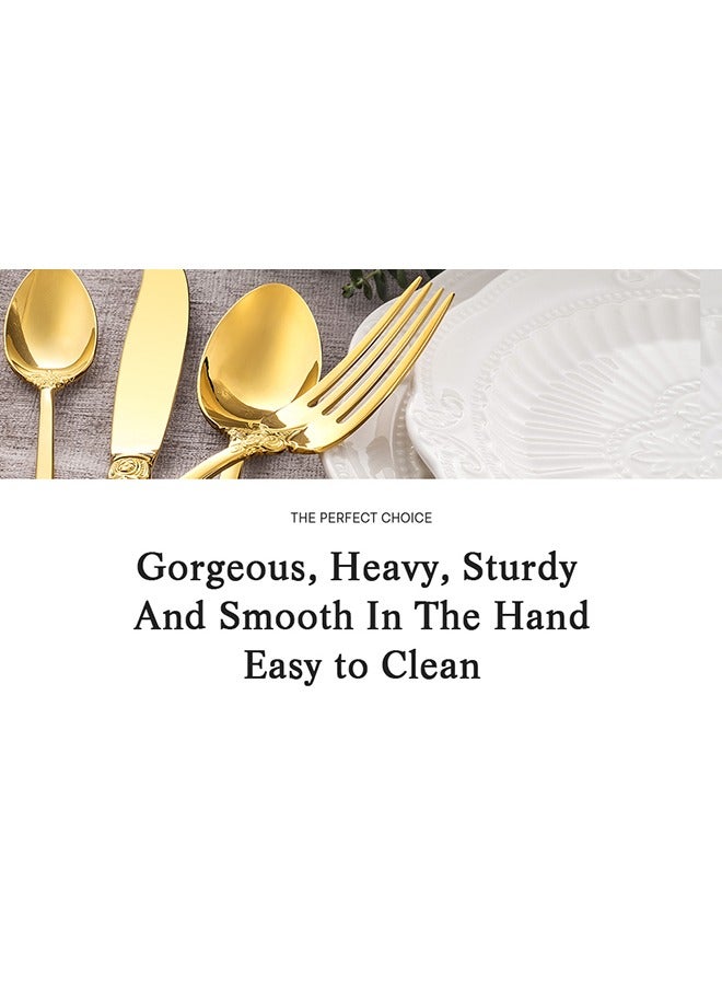 MITOYO Gorgeous Gold Flatware Sets, 20 Piece Stainless Steel Silverware Set, Tableware Retro Gold Cutlery Set Service for 4, Antique Luxury Baroque Style - Gold  - Image 3