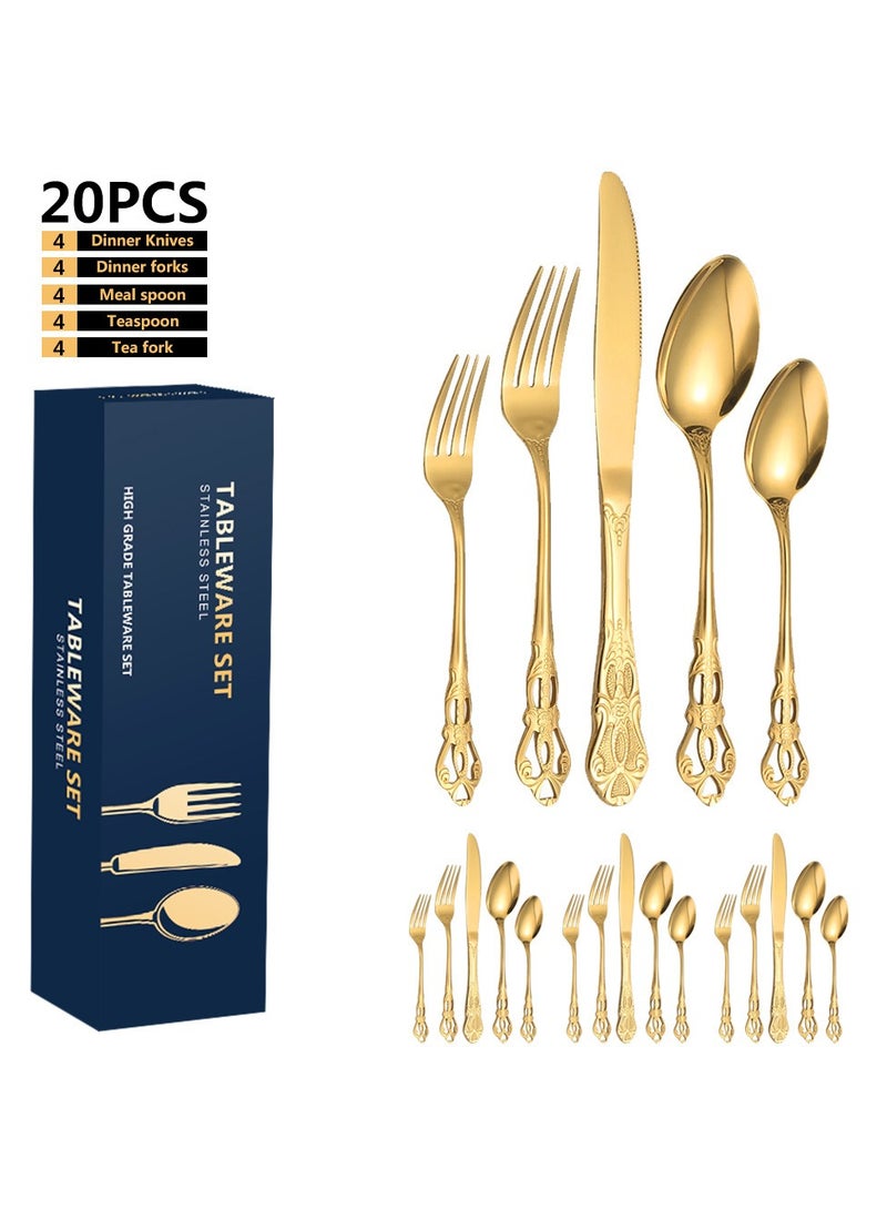 MITOYO Gorgeous Gold Flatware Sets, 20 Piece Stainless Steel Silverware Set, Tableware Retro Gold Cutlery Set Service for 4, Antique Luxury Baroque Style - Gold  - Image 1