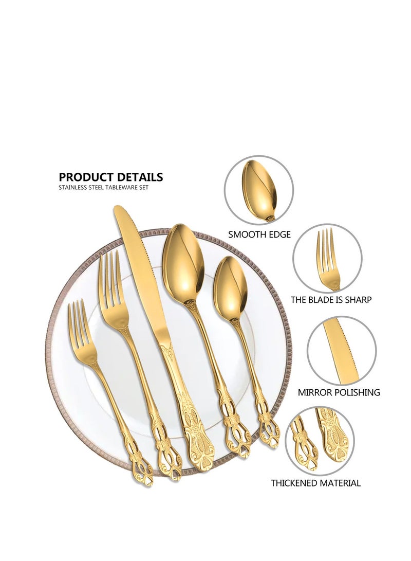 MITOYO Gorgeous Gold Flatware Sets, 20 Piece Stainless Steel Silverware Set, Tableware Retro Gold Cutlery Set Service for 4, Antique Luxury Baroque Style - Gold  - Image 2