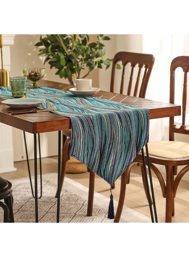 HomeNoor Luxury Modern Blue Geometric Striped Table Runner with Tassels, Premium Elegant Dining Table Home Decor, 35×200cm - Image 1