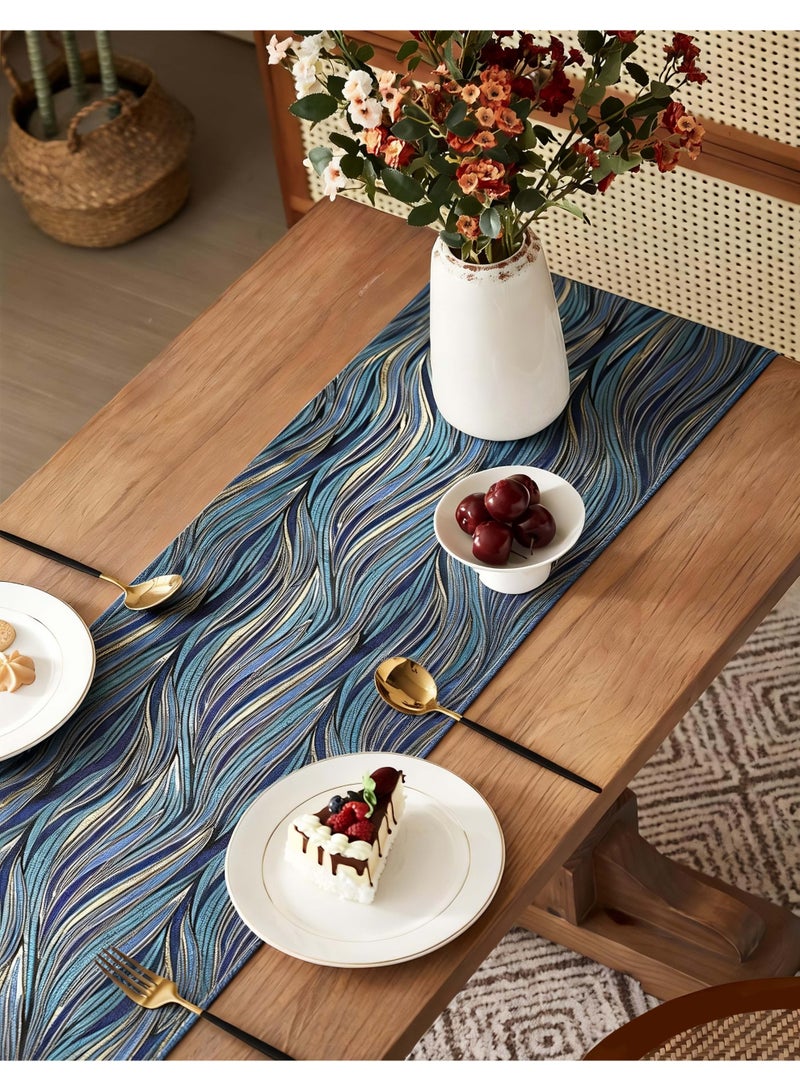 HomeNoor Luxury Modern Blue Geometric Striped Table Runner with Tassels, Premium Elegant Dining Table Home Decor, 35×200cm - Image 3