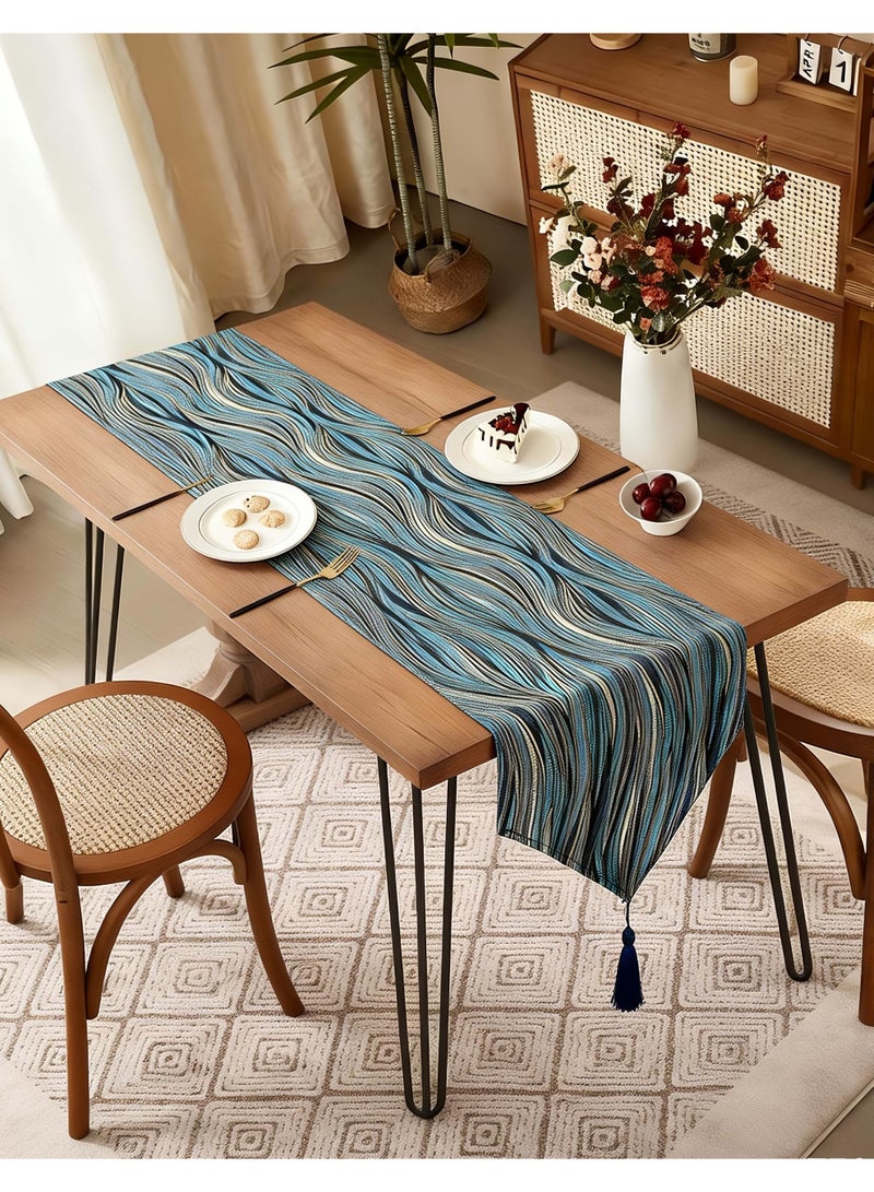 HomeNoor Luxury Modern Blue Geometric Striped Table Runner with Tassels, Premium Elegant Dining Table Home Decor, 35×200cm - Image 2