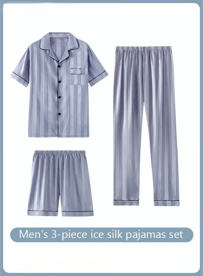 عام 3 قطع مجموعة من الرجال قصيرة الأكمام بيجامات السراويل بيجامة طقم بيجامة حرير الجليد شريط طباعة الربيع الصيف فضفاض حجم كبير ملابس نوم رجالية - Image 1