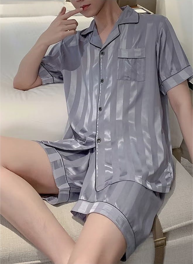 عام 3 قطع مجموعة من الرجال قصيرة الأكمام بيجامات السراويل بيجامة طقم بيجامة حرير الجليد شريط طباعة الربيع الصيف فضفاض حجم كبير ملابس نوم رجالية - Image 2