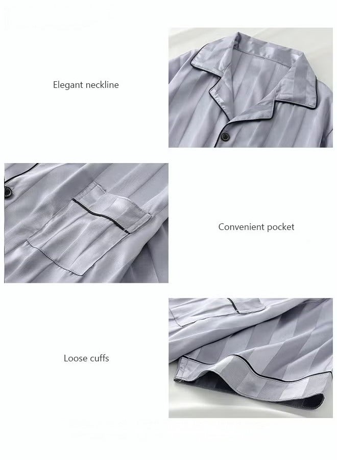 عام 3 قطع مجموعة من الرجال قصيرة الأكمام بيجامات السراويل بيجامة طقم بيجامة حرير الجليد شريط طباعة الربيع الصيف فضفاض حجم كبير ملابس نوم رجالية - Image 4