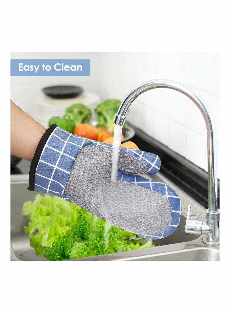 Excefore قفازات فرن مقاومة للحرارة ، سيليكون مع قفازات فرن مزدوجة مع بطانة قطنية وسطح غير قابل للانزلاق للطهي والخبز والشواء والشواية والميكروويف (أزرق) - Image 3