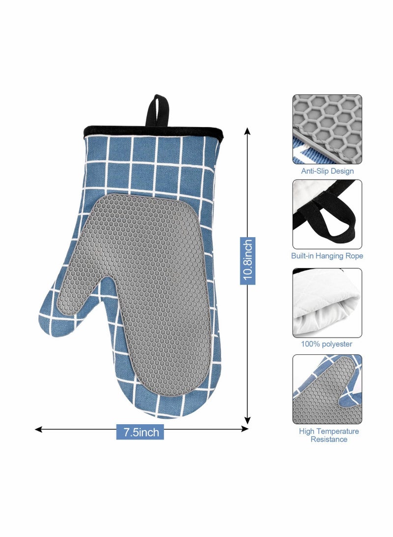 Excefore قفازات فرن مقاومة للحرارة ، سيليكون مع قفازات فرن مزدوجة مع بطانة قطنية وسطح غير قابل للانزلاق للطهي والخبز والشواء والشواية والميكروويف (أزرق) - Image 2