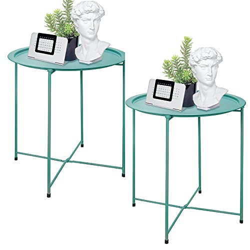 Garden 4 you End Table Set of 2 Outdoor Side Table Small Patio Table Metal Side Table Round Folding Side Table for Outdoor and Living RoomGreen - Image 1