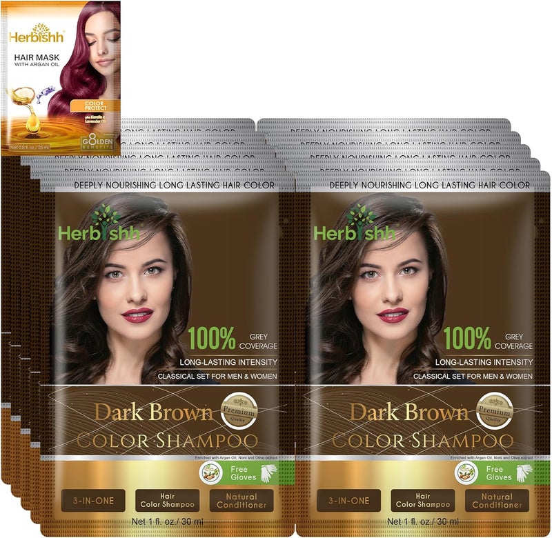 Herbishh Hair Color Shampoo For Gray Hair Dye Shampoo With Argan Hair Mask Travel Size-Colors Hair In Minutes Long Lasting Colour 30 ml x 10Pack Ammonia-Free (Dark Brown) - Image 1