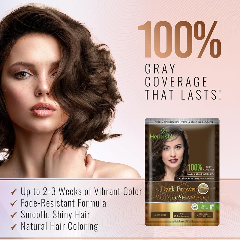 Herbishh Hair Color Shampoo For Gray Hair Dye Shampoo With Argan Hair Mask Travel Size-Colors Hair In Minutes Long Lasting Colour 30 ml x 10Pack Ammonia-Free (Dark Brown) - Image 2